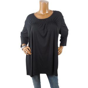 SUSAN GRAVER Top XL Oversized Blouse Black Stretch Shirt Puckered Detail 3/4 Slv